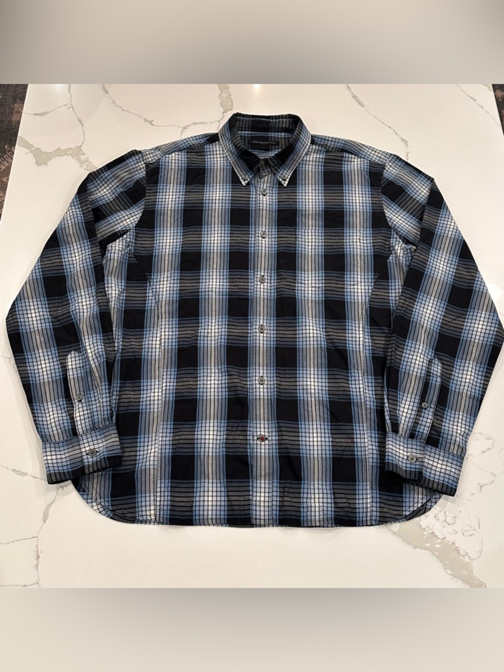 John Varvatos Star USA Blue Black Plaid Button Down Shirt Men XL Casual Roll Tab